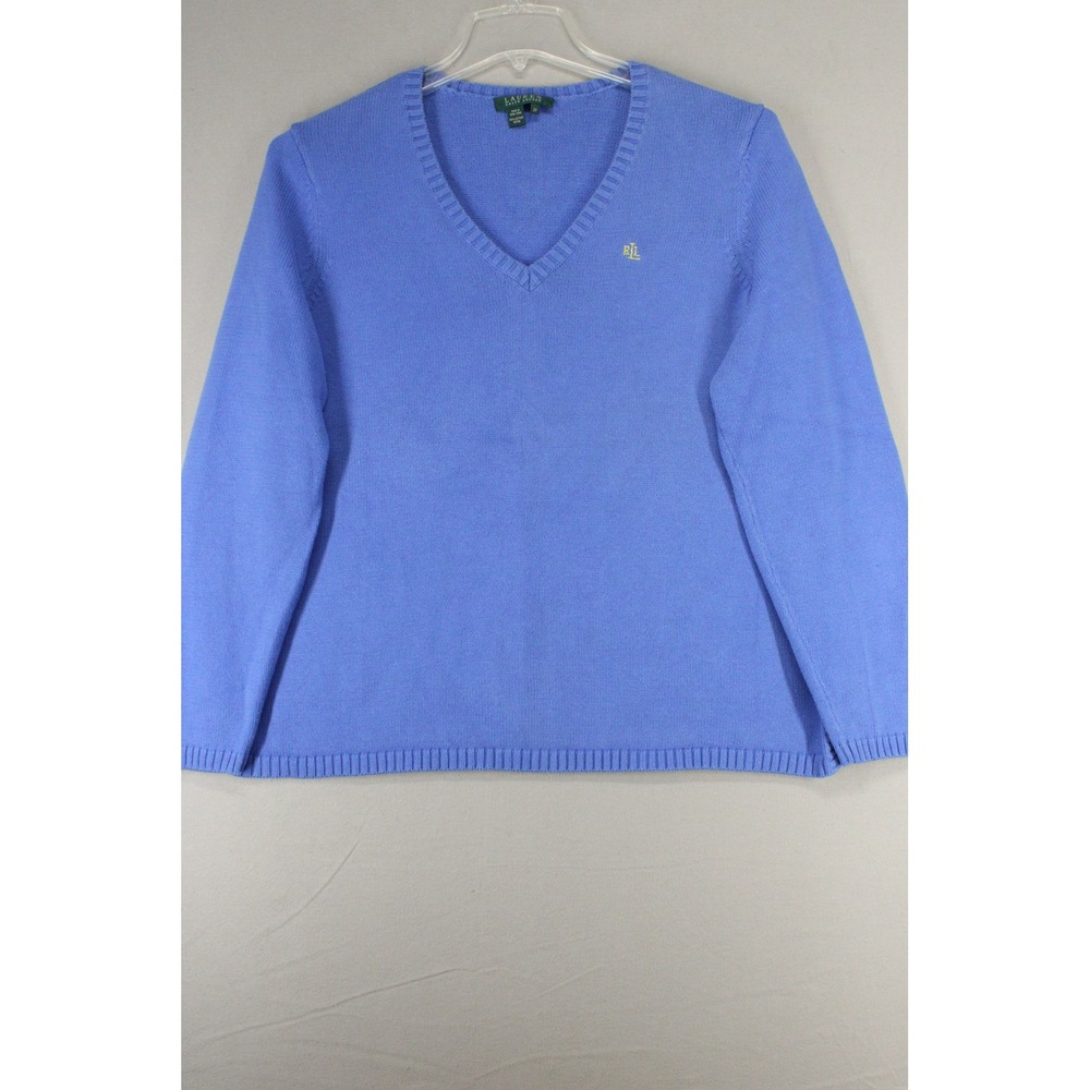 Lauren Ralph Lauren V-Neck Sweater Womens 2X Blue Cotton Preppy Retro RLL Logo